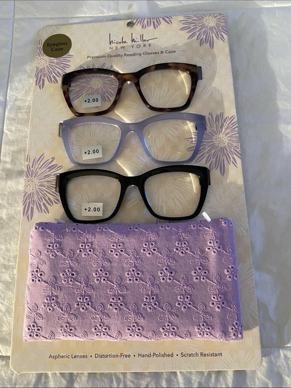 💜Nicole Miller 3-Pack + 2.0 Reading Glasses & Case - Purple, Black, Tortoise💜